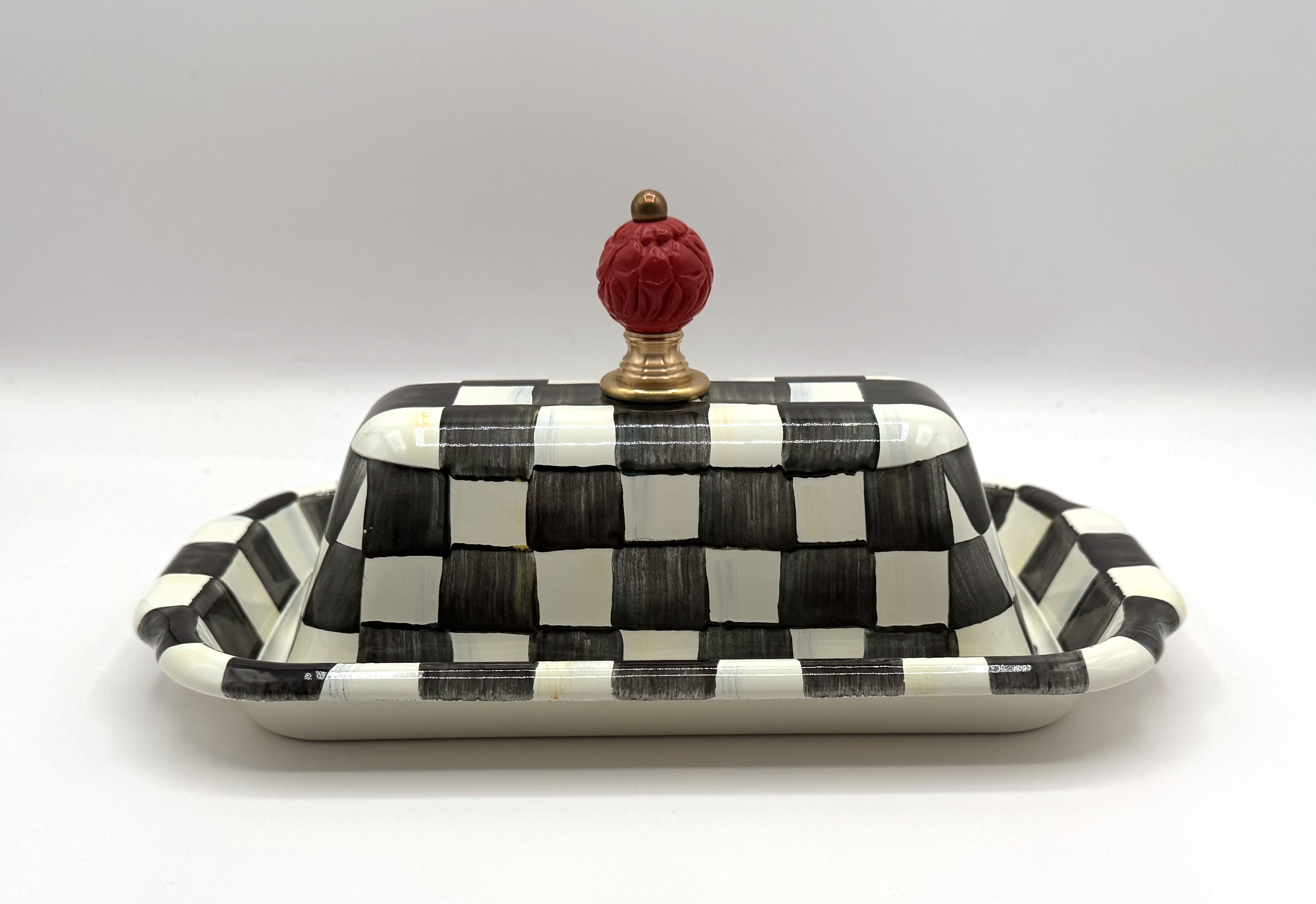 MacKenzie-Childs Courtly Check Butter Box Enamelware Red Finial NIB Mint