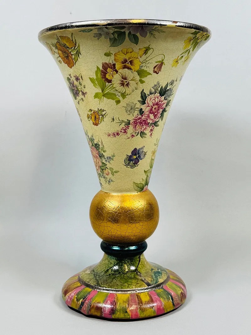 RARE Retired MacKenzie-Childs Evervolving Large Vase | 2001 Hand-Painted Floral Ceramic Vase | Gold Ball Accent | Victoria & Richard Era