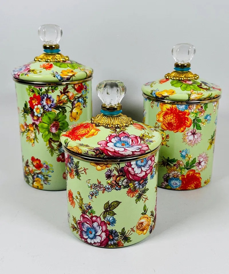 RARE Retired MacKenzie-Childs Green Flower Market Canister Set of 3 | Enamel Floral Kitchen Canisters w/ Glass Knobs | Blue Ring Version