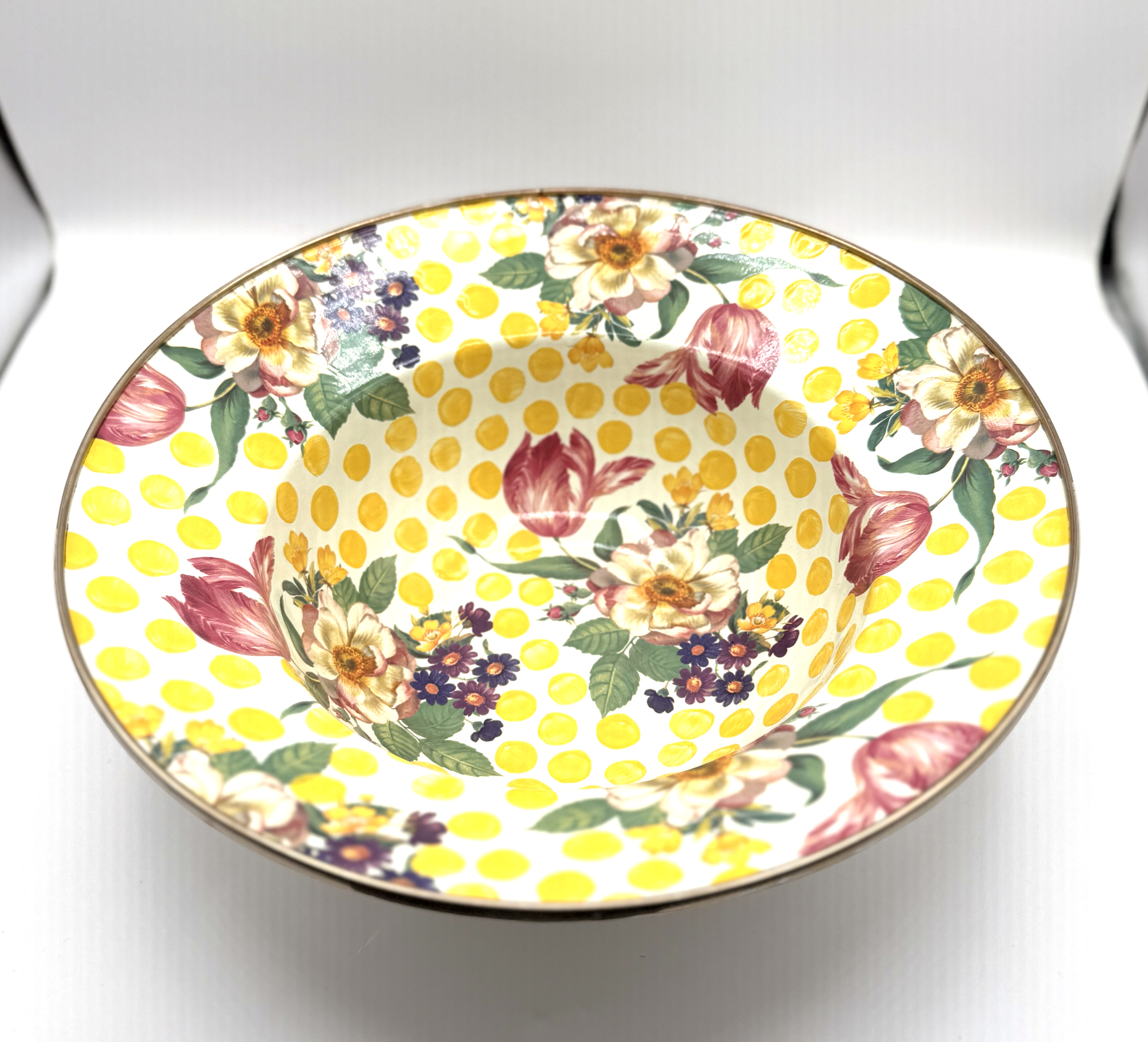 MacKenzie-Childs Buttercup Serving Bowl Large Enamelware Floral Polka Dot Rare